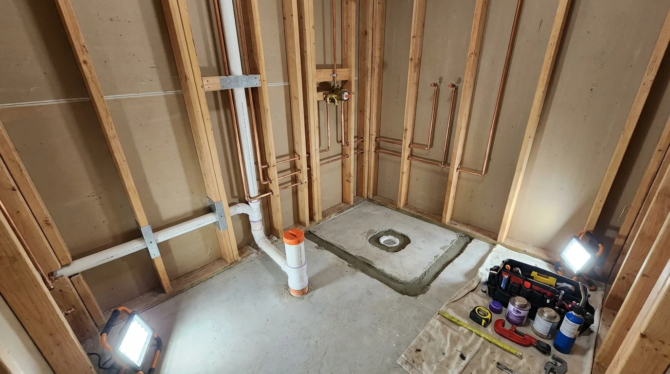 Bathroom rough-in plumbing during remodel by Johns Plumbing LLC in West Frankfort