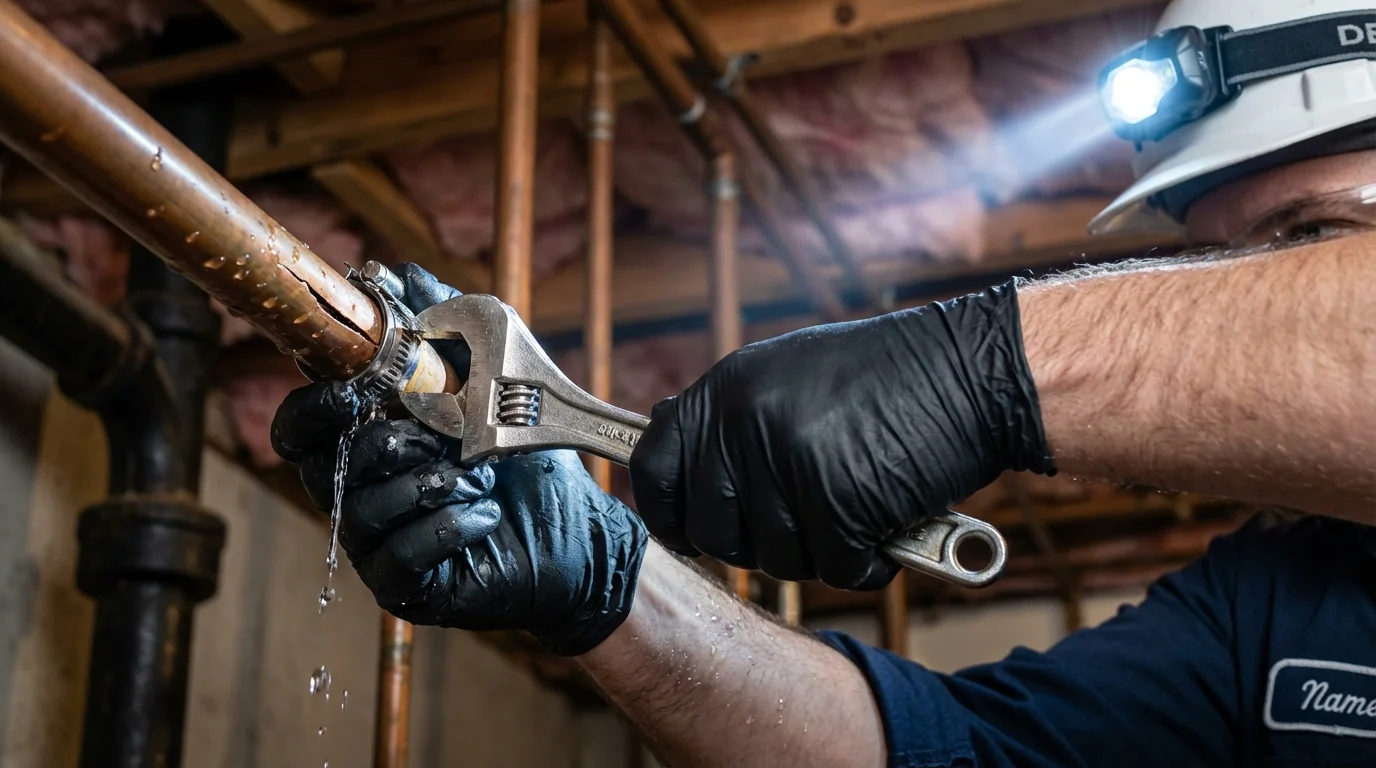Emergency pipe clamp repair being performed by a Johns Plumbing LLC plumber in West Frankfort