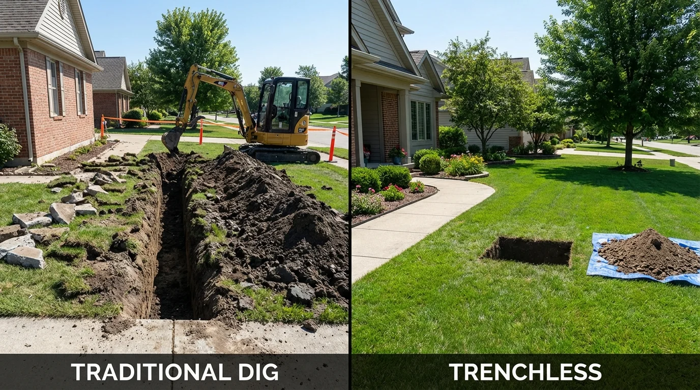 Trenchless sewer repair with minimal yard damage versus traditional excavation in West Frankfort, IL