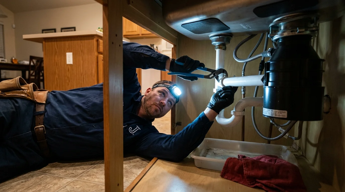 P-trap and supply line connections under a kitchen sink showing a common leak point in West Frankfort, IL